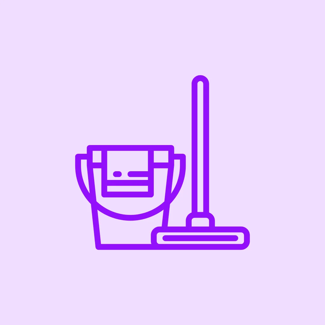 Bucket and mop icon with purple background.