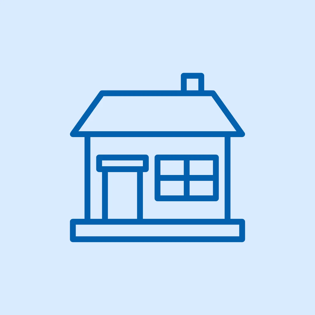 Residential house icon with blue background.